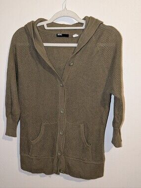 BDG Hooded Button-Up Cardigan in Olive Size L